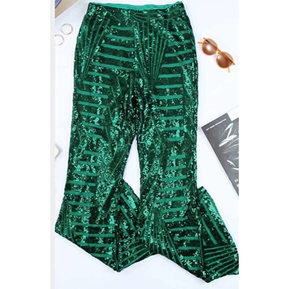 NEW Green Bell Bottoms Women High Waist Wide Leg Palazzo Bling Sequin Flared  XL - Picture 3 of 9